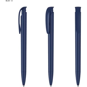 A set of blue plastic pens with a sleek design and a clip for easy attachment. Features a logo on the pen.