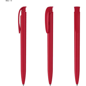 A red plastic pen with a sleek design, featuring a clip and a rounded tip. The pen has branding on the side.