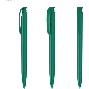 A green plastic pen with a sleek design, featuring a clip and smooth lines, shown from different angles.