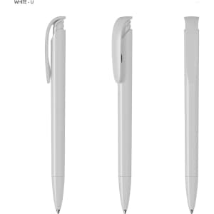 A white plastic pen with a sleek design and a clip, displayed from multiple angles.