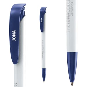 A plastic pen in blue and white with a clip and a branding logo.