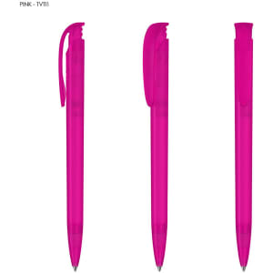 A set of three bright pink plastic pens featuring smooth lines and a clip on the cap.