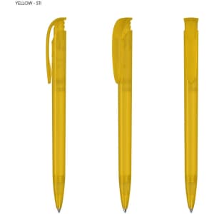 A set of three yellow plastic pens with a clip and smooth barrel design. Each pen has a logo.
