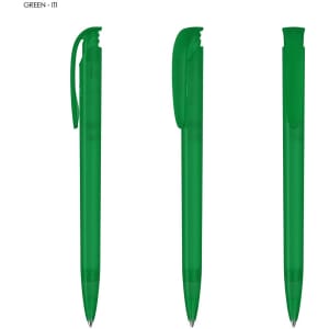 A set of three green plastic pens with matching clips, featuring a simple and sleek design.