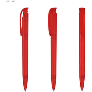 A set of three red plastic pens with a sleek design and removable caps, featuring a clip for easy attachment.