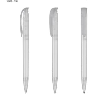 A set of white plastic pens with clear bodies and retractable clips, featuring a modern design.
