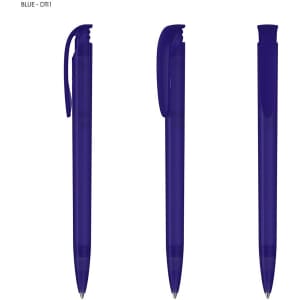 A set of blue plastic pens displayed from three angles, featuring a clip and a sleek design.