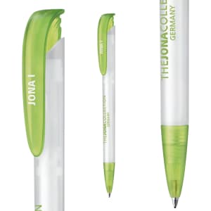 A plastic pen featuring a transparent body and a vibrant green cap, with branding on the side.