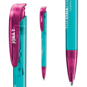 A turquoise plastic pen with a pink clip and tip, featuring a branding logo.