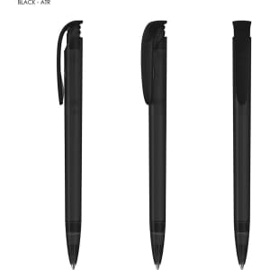 A black plastic pen with a clip and a smooth body featuring a branding logo.