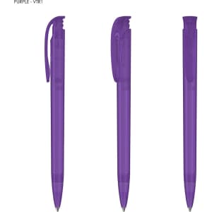 A purple plastic pen with a transparent barrel and a clip, displayed from three angles.