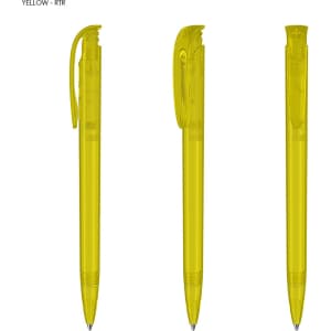 Three transparent yellow plastic pens are displayed, featuring clips and a smooth design. Each pen has a logo.