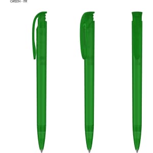 A set of green plastic pens with translucent bodies and clip caps, displayed from multiple angles.