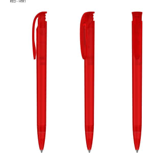 A red transparent plastic pen with a clip, displayed from multiple angles. It features a smooth barrel design.