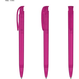 A set of three transparent pink plastic pens, featuring a clip and a smooth barrel design.