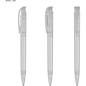 A transparent plastic pen with a white body and a clip, featuring a sleek design.