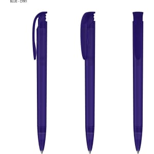 A transparent purple plastic pen featuring a clip and retractable tip, displayed from multiple angles.