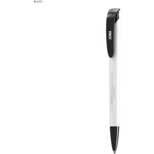 A plastic pen with a white barrel and black cap and tip, featuring a logo.
