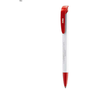 A plastic pen in white with a red clip and red tip, featuring a logo.