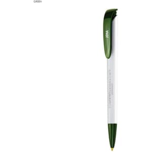 A green plastic pen with a white barrel and a green clip, featuring a logo on the side.