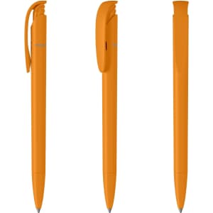 An orange plastic pen in three positions, showcasing its sleek design and clip. Features branding on the side.