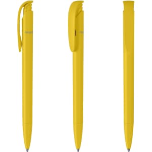 A yellow plastic pen with a recycling logo, featuring a clip and a smooth body design.