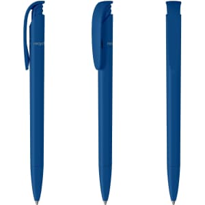 A blue plastic pen with a clip and smooth surface, featuring a branding logo. It has a sleek, modern design.
