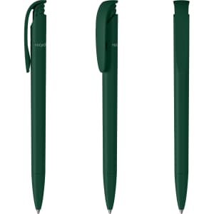 A green plastic pen with a sleek design and a clip. The pen has a minimalistic branding logo.