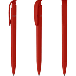 A set of three red plastic pens with different angles displayed. Each pen features a logo.