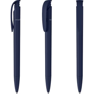 A set of dark blue plastic pens featuring a clip and a smooth design. The product includes branding.