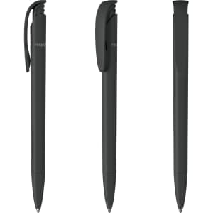 Three sleek black plastic pens displayed from different angles, featuring a clip and a smooth finish. Each pen has a branding logo.