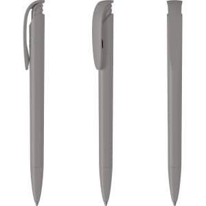 A set of grey plastic pens featuring a sleek design with a clip, showing different angles and a logo.
