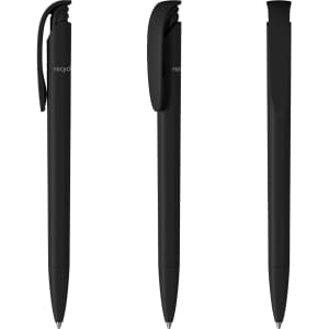 A set of black plastic pens featuring a sleek design and a clip. The pens have a contemporary look with smooth finishes.