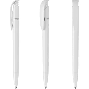 A white plastic pen with a smooth finish and a clip design, featuring a simple branding logo.
