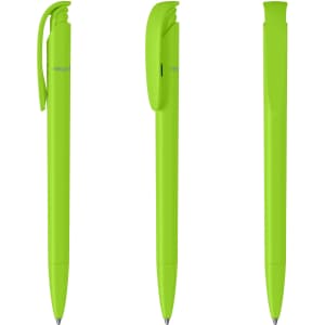 A set of vibrant lime green plastic pens with clips, showcasing different angles of the product.