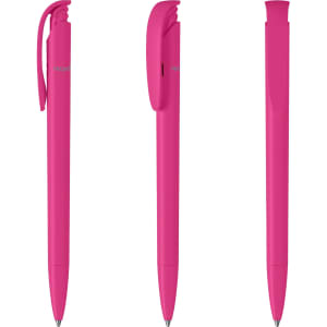 A set of three pink plastic pens displaying different angles and a branding logo on the side.