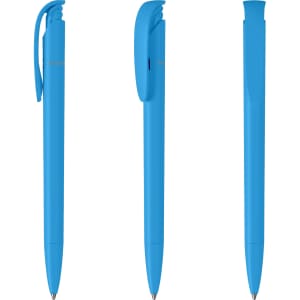 A set of blue plastic pens displayed from different angles, featuring a logo on one side.