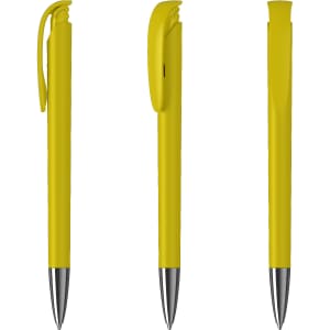 A yellow metal pen with a high gloss finish, featuring a clip and a sleek design from multiple angles.