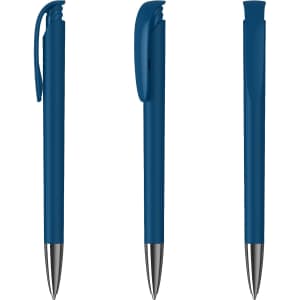 A blue metal pen with a high gloss finish, featuring a clip and smooth barrel design, including a logo.