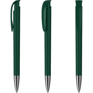 A green metal pen with a high gloss finish and silver accents, featuring a clip and retractable design.