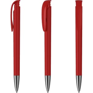 A red metal pen with a smooth high-gloss finish and a clip, featuring a sleek design and silver accents.