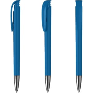 A set of metallic pens in a vibrant blue finish, featuring a smooth high-gloss coating and a clip design.