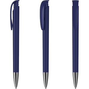 A metal pen in navy blue with a glossy finish and a clip, featuring a branding logo.