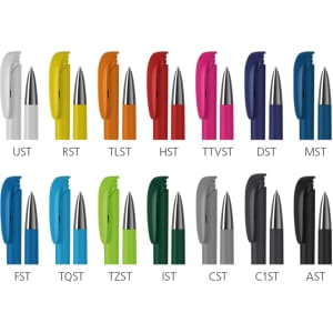 A collection of metal pens in various colours, each featuring a soft-touch, high gloss finish and a logo.