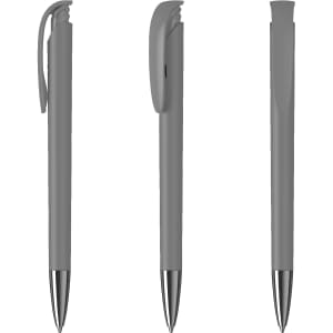 A grey metal pen with a high gloss finish, featuring a clip and a silver tip, shown from three angles.