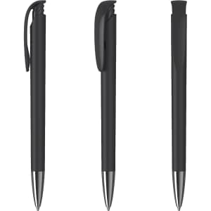 A set of three black metal pens with a high gloss finish and clips, featuring a sleek design and silver accents.