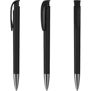 A sleek black metal pen with a high gloss finish and a silver tip, featuring a clip on its side.