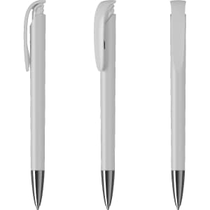 A high gloss metal pen in white with a silver tip and clip, featuring a sleek design.
