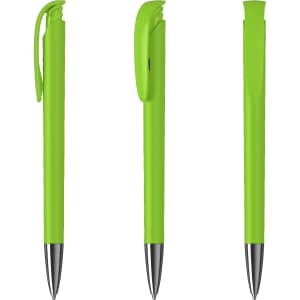 A metal pen in vibrant green with a gloss finish, featuring a clip and a sleek design. It includes branding.
