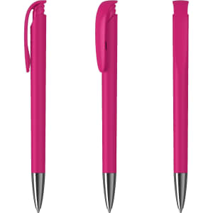 A pink metal pen with a glossy finish, featuring a clip and a sleek design. It has branding on the surface.